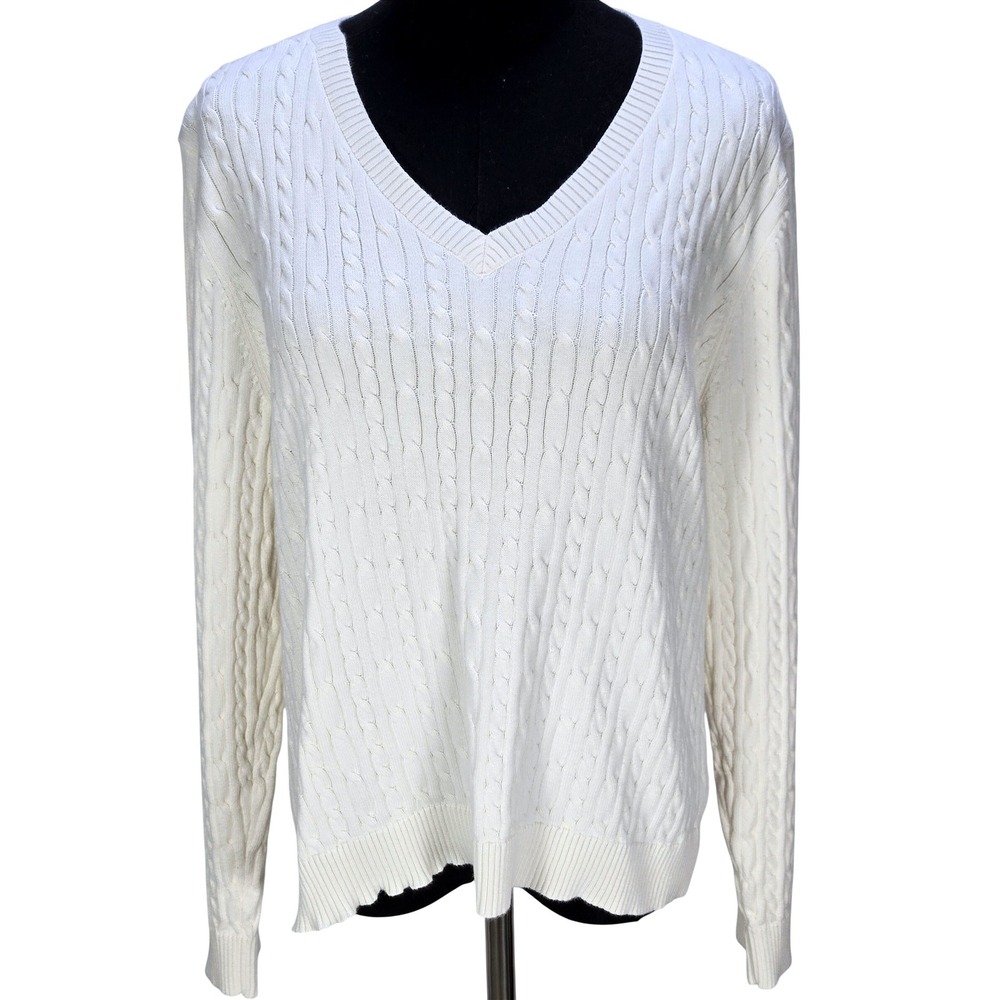 Women's XL White Cable Knit Pima Cotton V-Neck Sweater Preppy Heritage Old Money